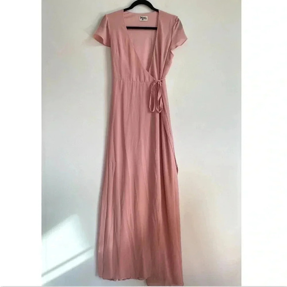 Show Me Your Mumu Pale Pink Chiffon Wrap Maxi Dress Short Sleeve Bridesmaid XS - Picture 2 of 10